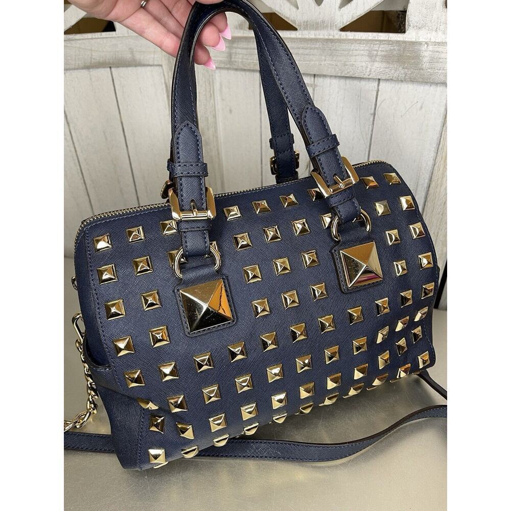 Michael Kors Navy Blue Leather Gold Studded Grayson Satchel Top Handle - Picture 2 of 12